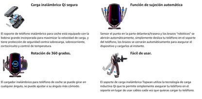 Cargador inalámbrico para coche: sensor táctil, retráctil automático, carga rápida, compatible: iPhone, Samsung, Otros. - PAL Auto Parts