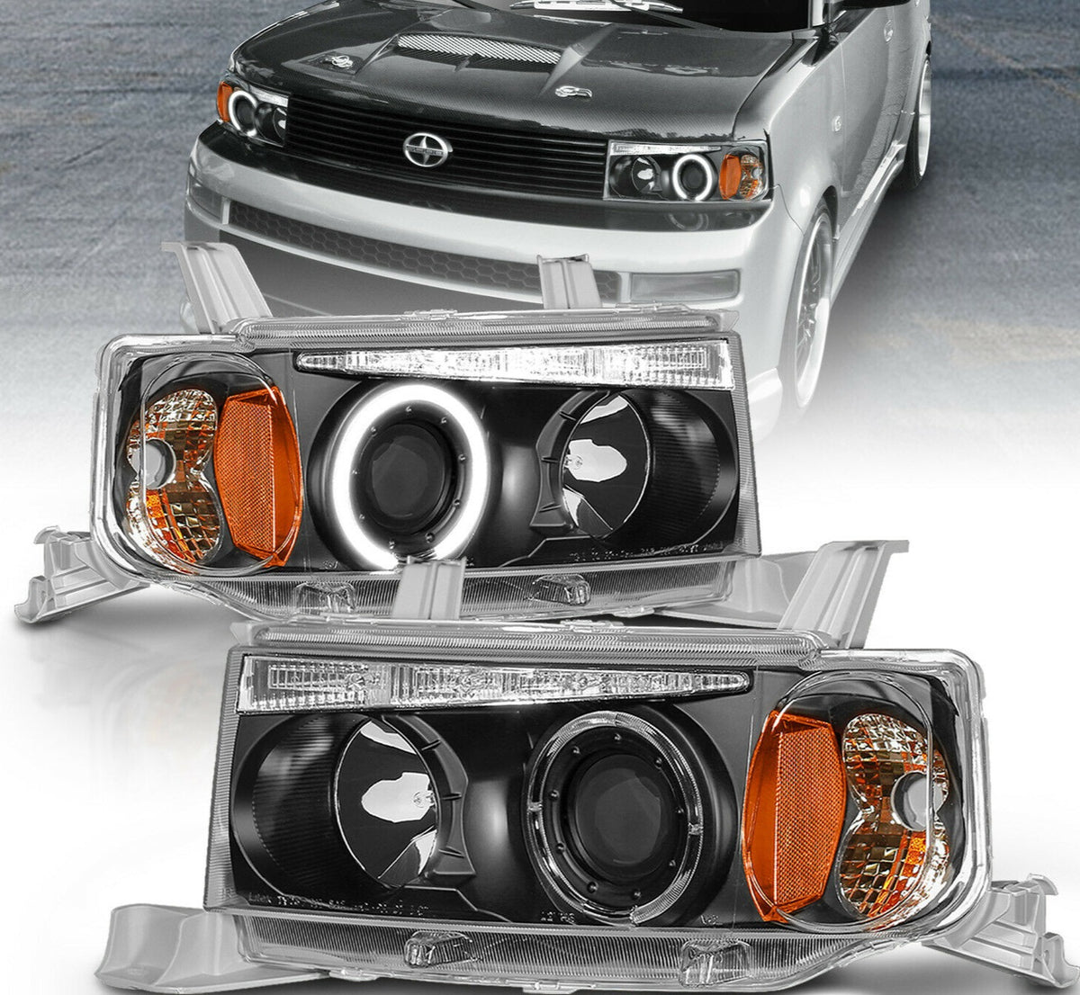 2004-2006 Scion Xb LED HALO Projector Par Focos Fondo Negro (Chofer & Pasajero) - PAL Auto Parts
