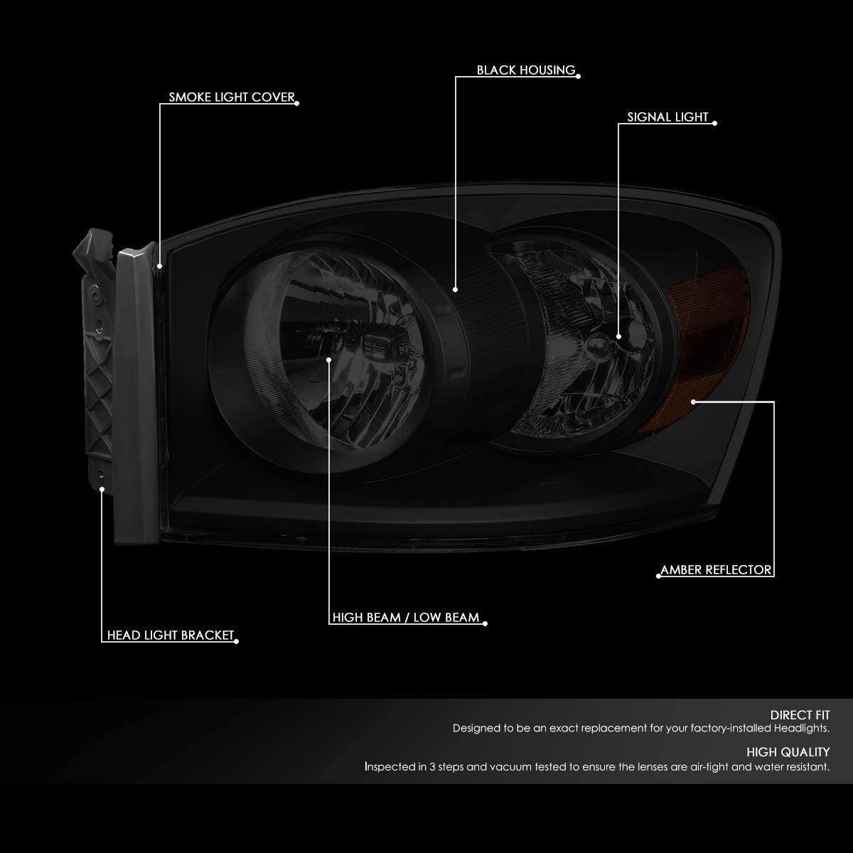 2006-2009 Dodge Ram 1500 Par Focos Smoke Fondo Negro (Chofer & Pasajero) - PAL Auto Parts