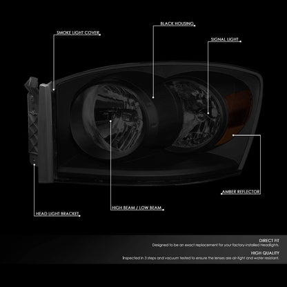 2006-2009 Dodge Ram 1500 Par Focos Smoke Fondo Negro (Chofer & Pasajero) - PAL Auto Parts