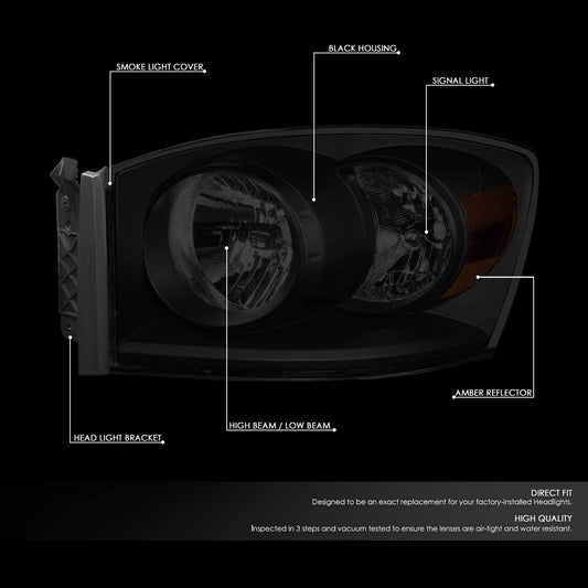 2006-2009 Dodge Ram 1500 Par Focos Smoke Fondo Negro (Chofer & Pasajero) - PAL Auto Parts