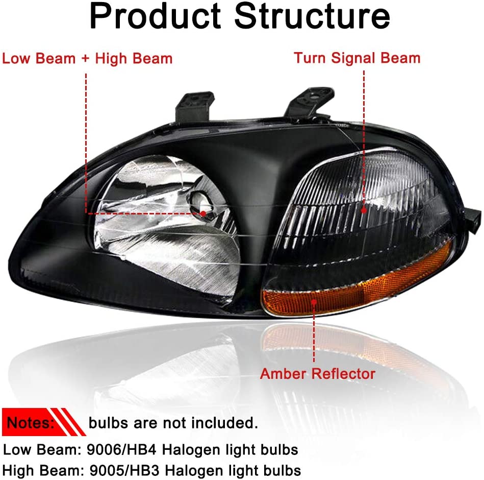 1996-1998 Honda Civic Par Focos Fondo Negro (Chofer & Pasajero) - PAL Auto Parts