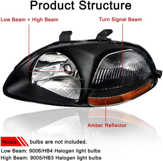 1996-1998 Honda Civic Par Focos Fondo Negro (Chofer & Pasajero) - PAL Auto Parts