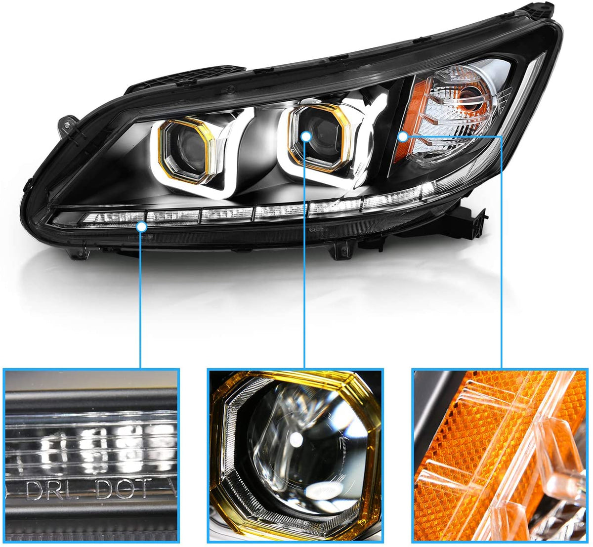 2013-2015 Honda Accord Par Focos Fondo Negro LED U (Chofer & Pasajero) - PAL Auto Parts