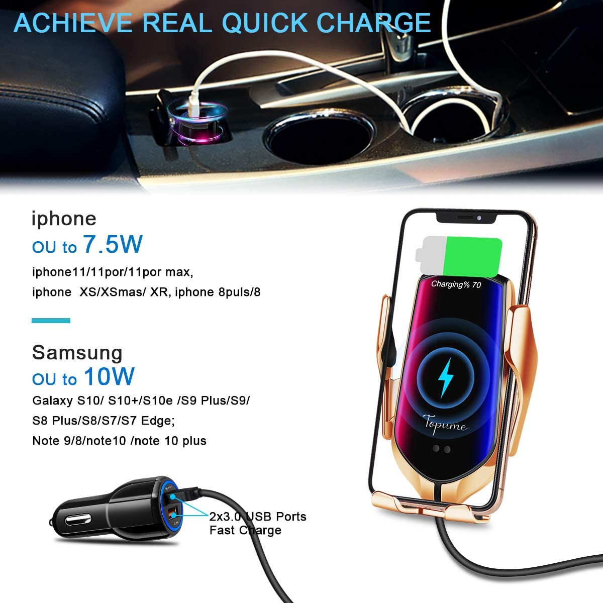 Cargador inalámbrico para coche: sensor táctil, retráctil automático, carga rápida, compatible: iPhone, Samsung, Otros. - PAL Auto Parts