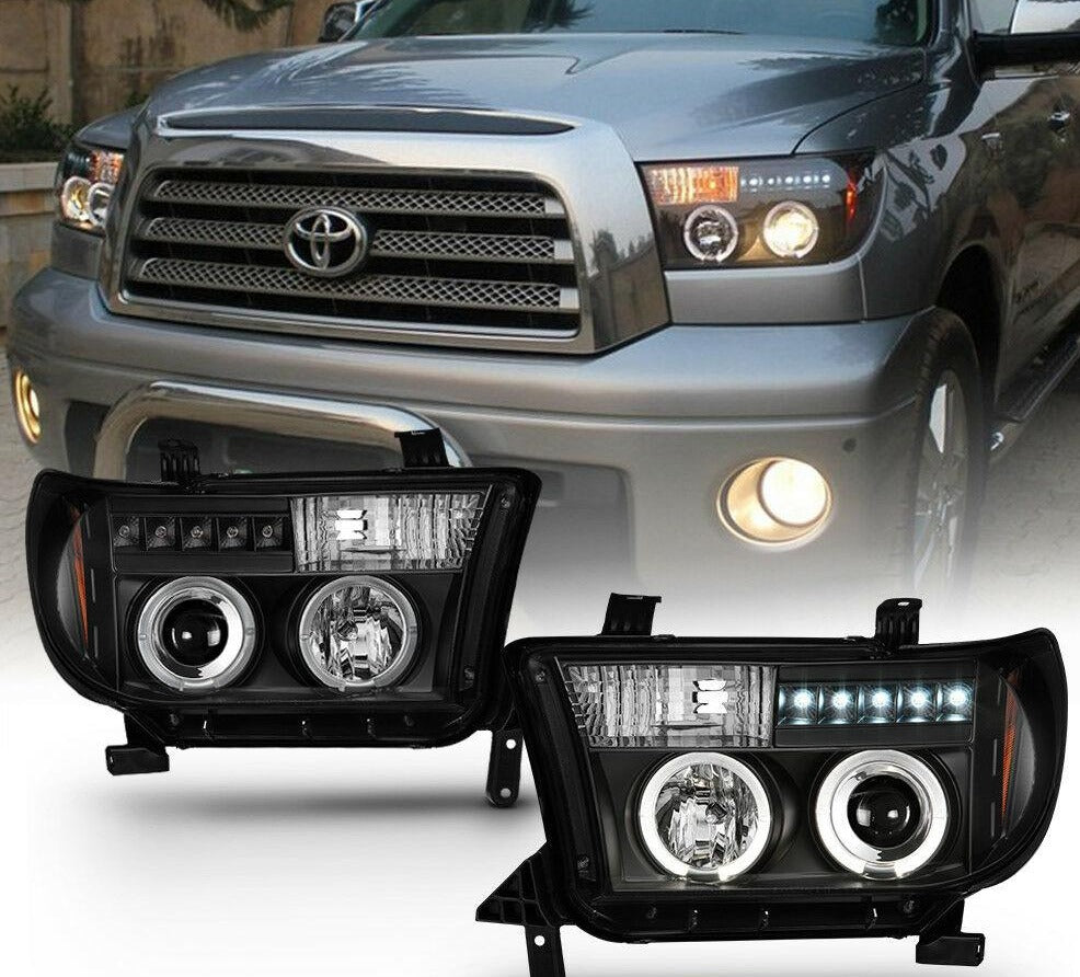 2007-2013 Toyota Tundra / 2008-2017 Sequoia LED DRL HALO Par Focos fondo Negro ( Chofer & Pasajero) - PAL Auto Parts