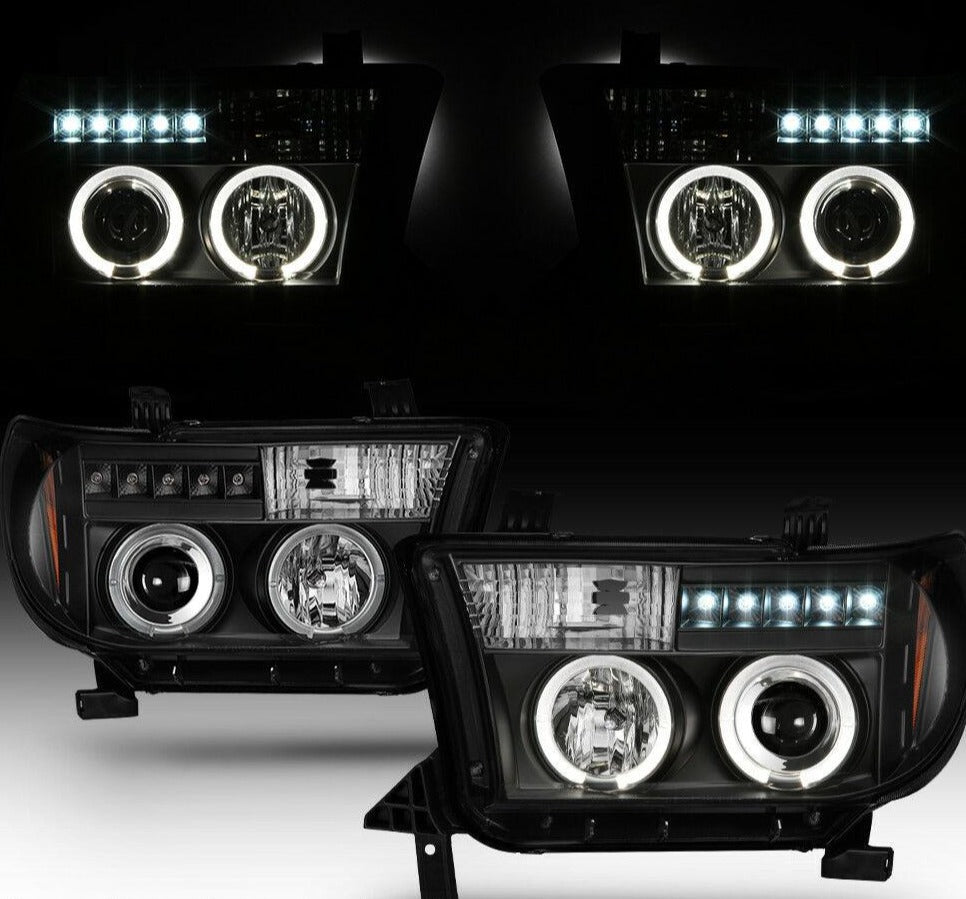 2007-2013 Toyota Tundra / 2008-2017 Sequoia LED DRL HALO Par Focos fondo Negro ( Chofer & Pasajero) - PAL Auto Parts