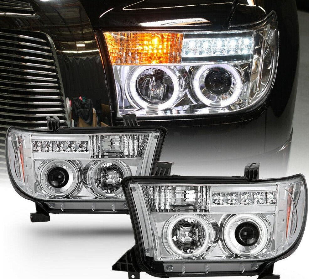 2007-2013 Toyota Tundra / 2008-2017 Sequoia LED DRL HALO Par Focos fondo Cromado ( Chofer & Pasajero) - PAL Auto Parts