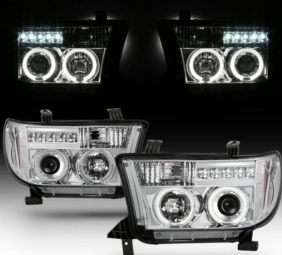2007-2013 Toyota Tundra / 2008-2017 Sequoia LED DRL HALO Par Focos fondo Cromado ( Chofer & Pasajero) - PAL Auto Parts