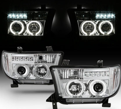2007-2013 Toyota Tundra / 2008-2017 Sequoia LED DRL HALO Par Focos fondo Cromado ( Chofer & Pasajero) - PAL Auto Parts