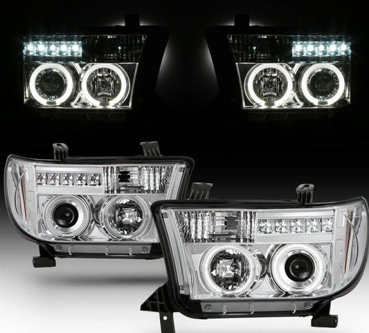 2007-2013 Toyota Tundra / 2008-2017 Sequoia LED DRL HALO Par Focos fondo Cromado ( Chofer & Pasajero) - PAL Auto Parts