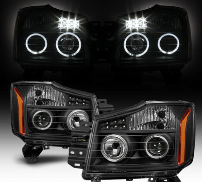 2004-2015 NISSAN TITAN/ 2004-2007 NISSAN ARMADA PAR FOCOS FONDO NEGRO HALO LED PROJECTOR (CHOFER & PASAJERO) - PAL Auto Parts