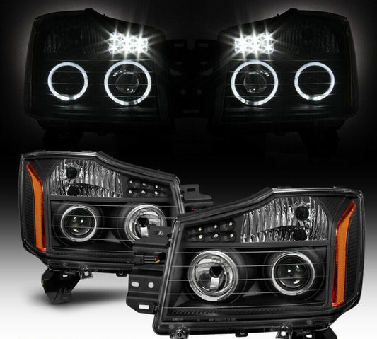 2004-2015 NISSAN TITAN/ 2004-2007 NISSAN ARMADA PAR FOCOS FONDO NEGRO HALO LED PROJECTOR (CHOFER & PASAJERO) - PAL Auto Parts