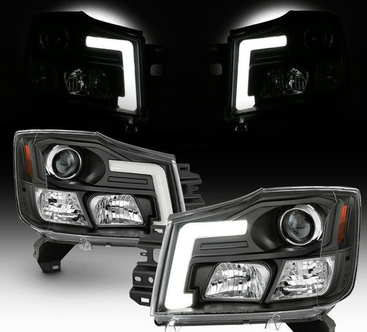 2004-2015 NISSAN TITAN/ 2004-2007 NISSAN ARMADA PAR FOCOS LED TUBE PROJECTOR FONDO NEGRO (CHOFER & PASAJERO) - PAL Auto Parts