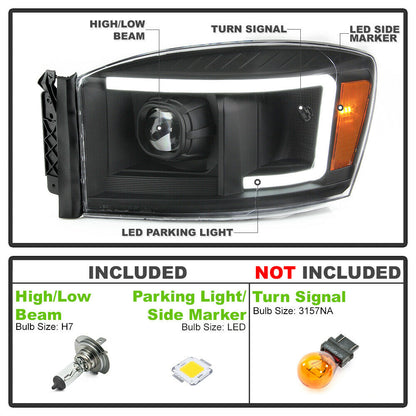 2006-2008 DODGE RAM 1500 2500 3500 PAR FOCOS FONDO BLACK LED TUBE HALO PROJECTOR (CHOFER & PASAJERO) - PAL Auto Parts