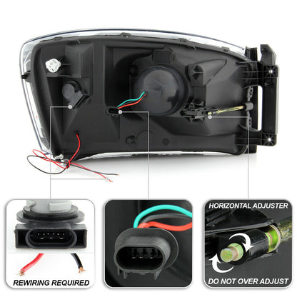 2006-2008 DODGE RAM 1500 2500 3500 PAR FOCOS FONDO BLACK LED TUBE HALO PROJECTOR (CHOFER & PASAJERO) - PAL Auto Parts