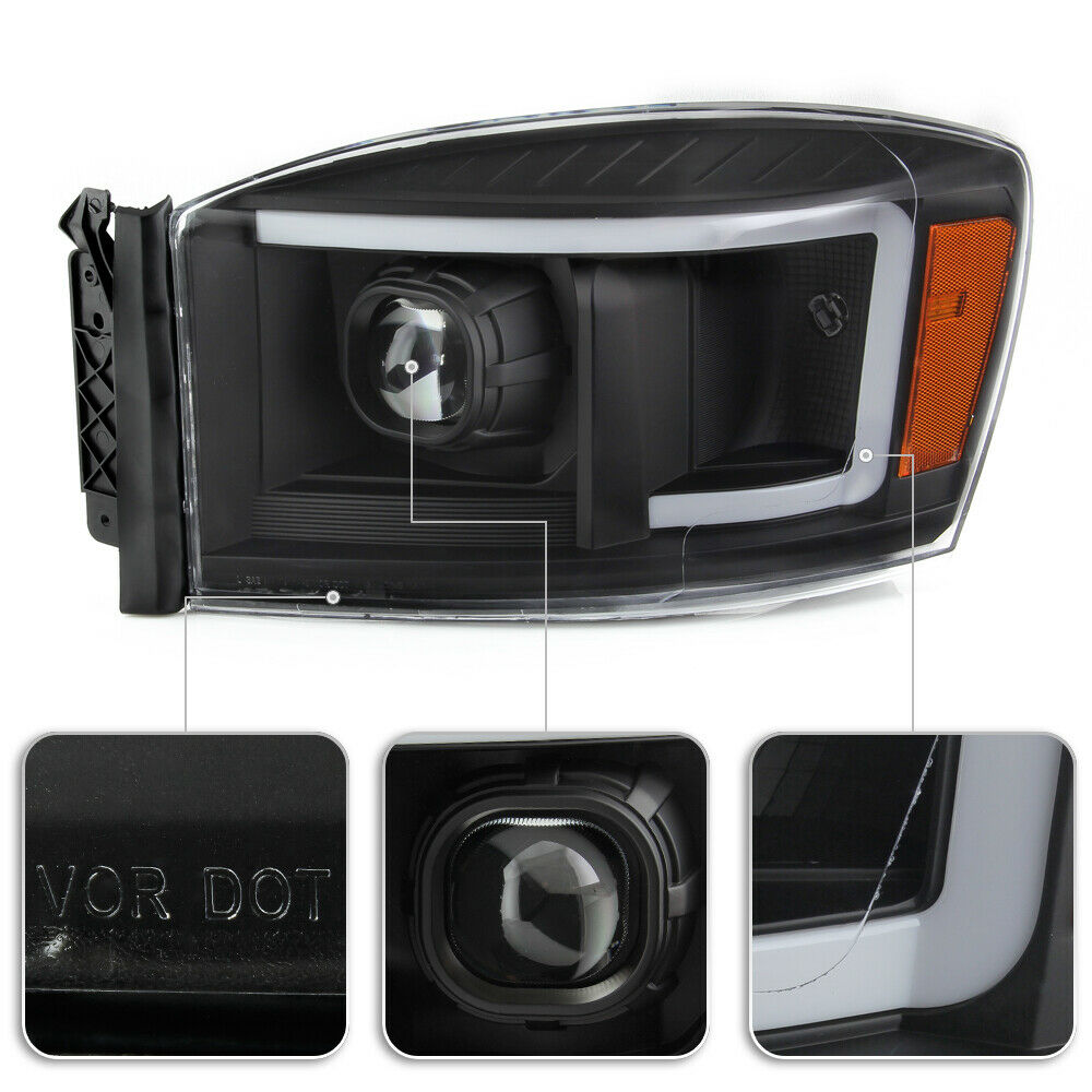 2006-2008 DODGE RAM 1500 2500 3500 PAR FOCOS FONDO BLACK LED TUBE HALO PROJECTOR (CHOFER & PASAJERO) - PAL Auto Parts
