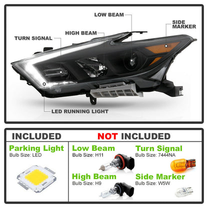 2016-2018 Nissan Maxima S|SL|SV Par Focos Delanteros Negro LED DRL ( Chofer & Pasajero) - PAL Auto Parts