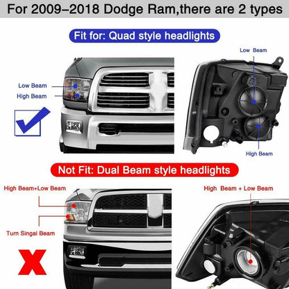 2009-2018 Dodge RAM Par Focos Fondo Negro (Chofer & Pasajero) - PAL Auto Parts